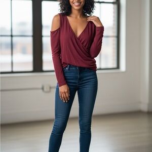 MerryFun Cherry Red Cold Shoulder Top • Long Sleeve Casual Shirt • Size Large